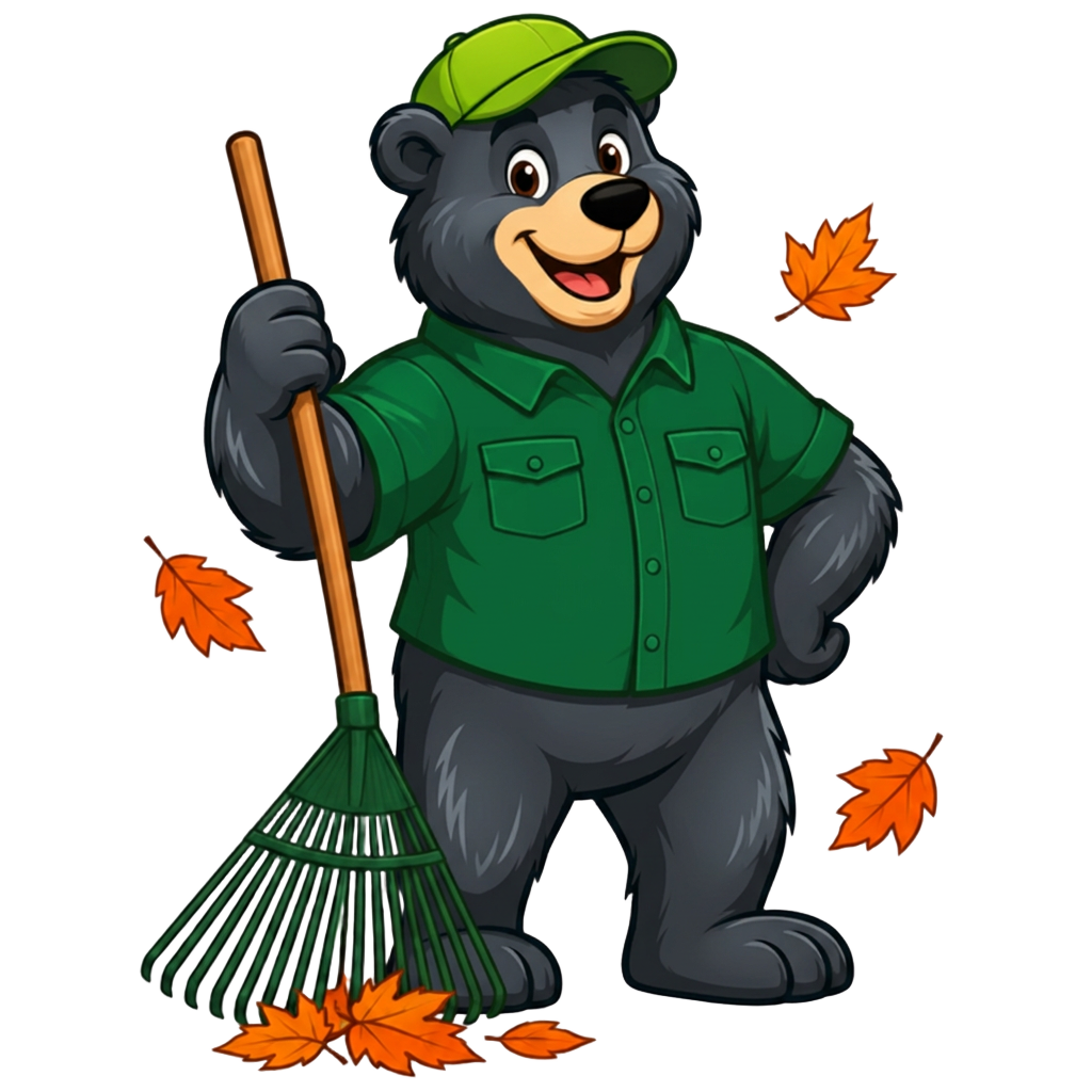NuNorth bear mascot with a rake
